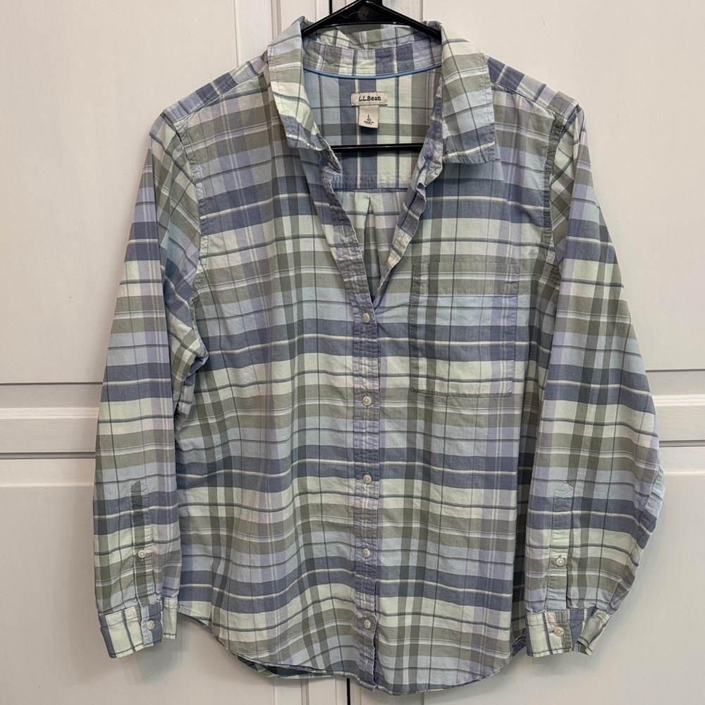 L.L. Bean Plaid Button-Down Shirt in Blue, Green & White